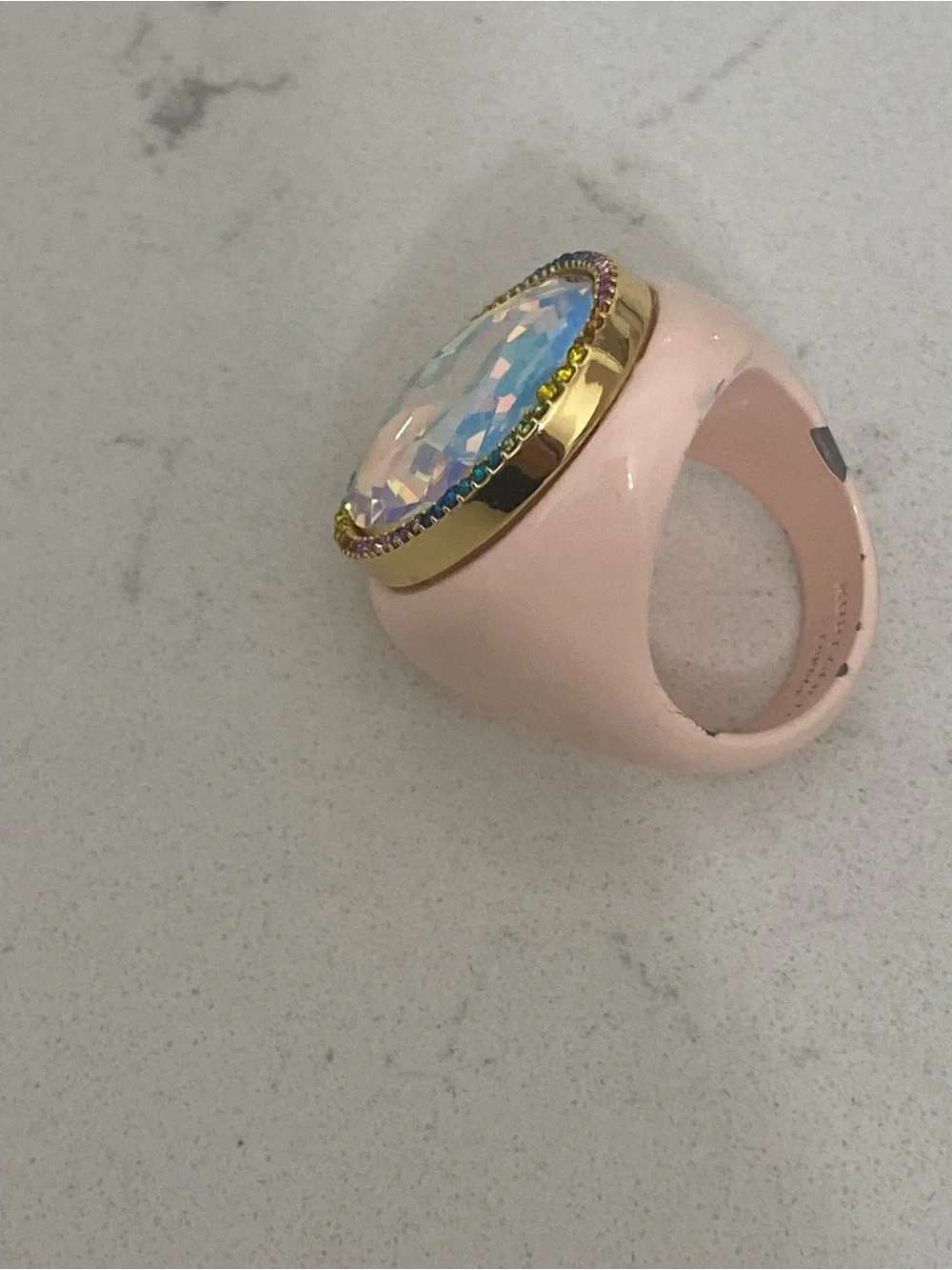 Kurt Geiger Oval Stone Cocktail Ring Pink Enamel Rainbow Halo Iridescent Stone 9
